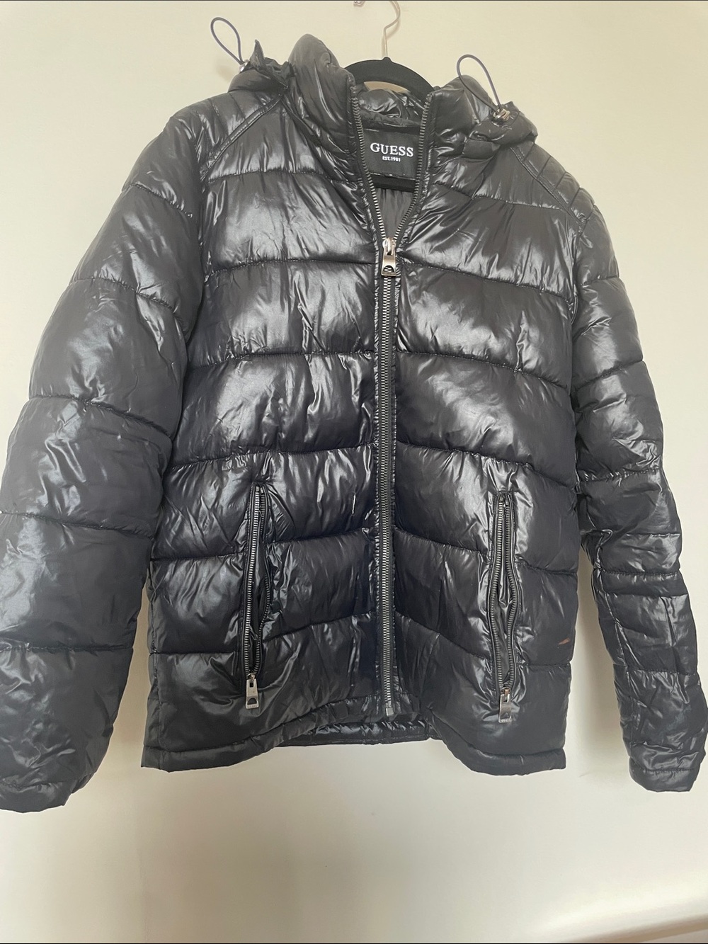 GUESS Men's Shiny Black Quilted Puffer Jacket with Hood